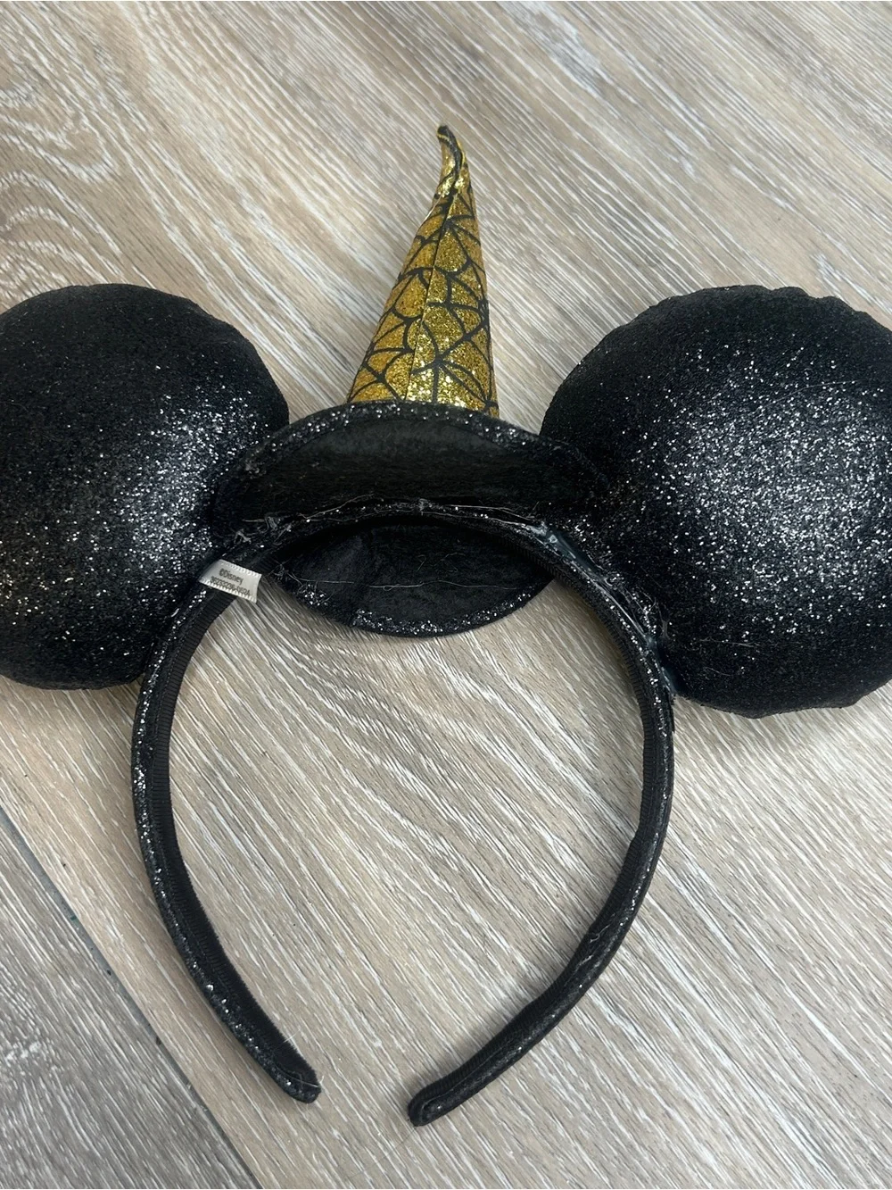 Disney Halloween Minnie Mouse Ears Headband Black Gold Glitter Witch Hat